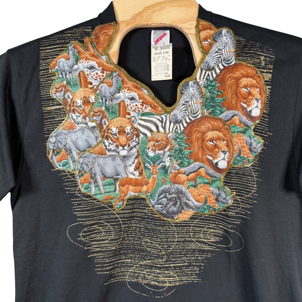 Jerzees T-Shirt Endangered Species Store Women L Black Safari Animal Vintage NWT